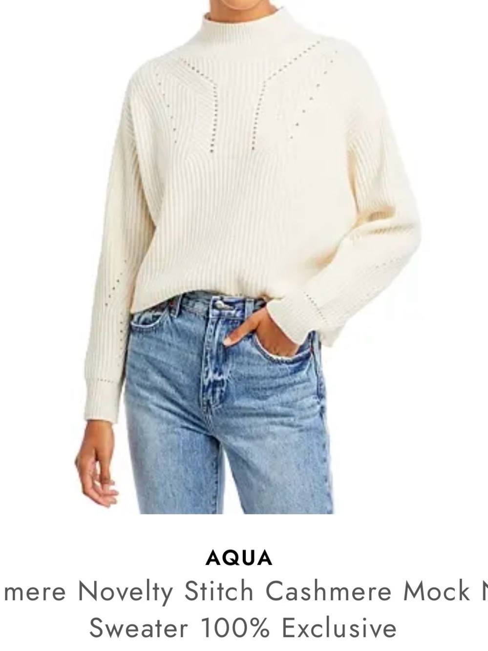Aqua light blue Cashmere-Blend Mock Neck Ribbed Sweater